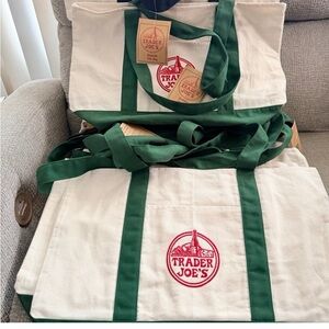 LOT 2pcs LARGE Trader Joe's Green and White Tote Bag